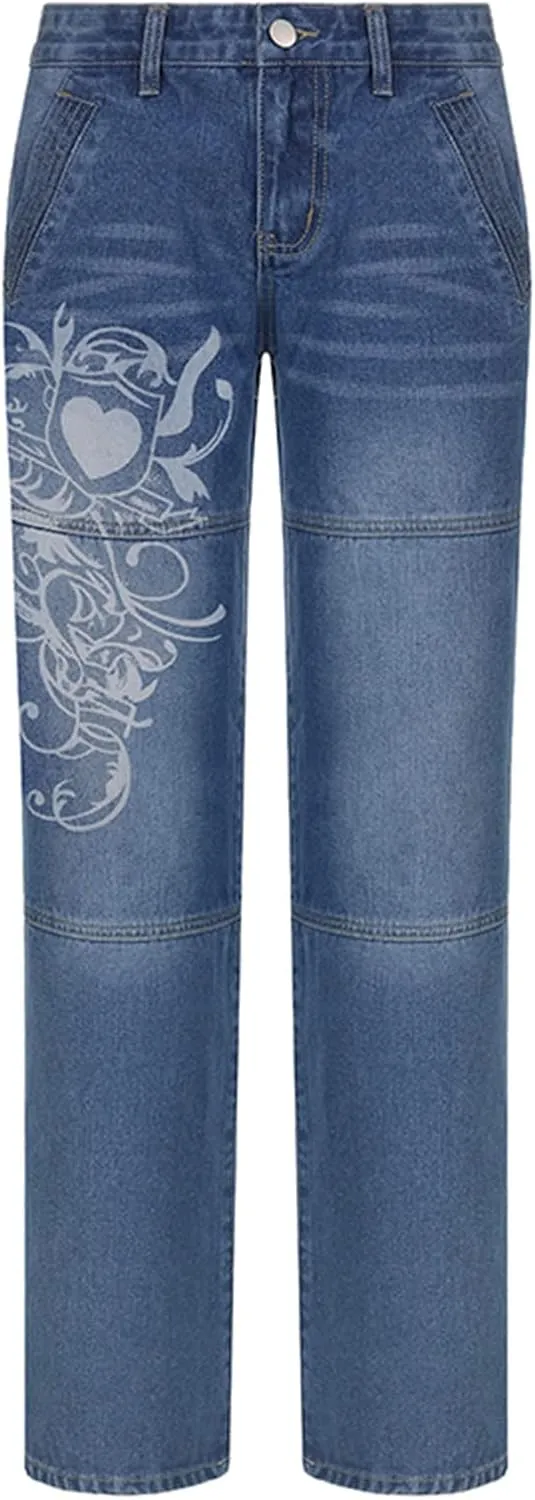 Baggy Jeans for Women Harajuku Graphic Print Cargo Jeans Wide Straight Leg Denim Pants Vintage Streetwear