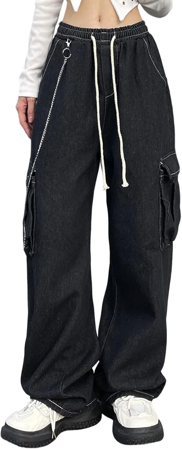 Baggy Jeans for Women High Waist Y2K Boyfriend Casual Loose Wide Leg Drawstring Cargo Pants with Pockets