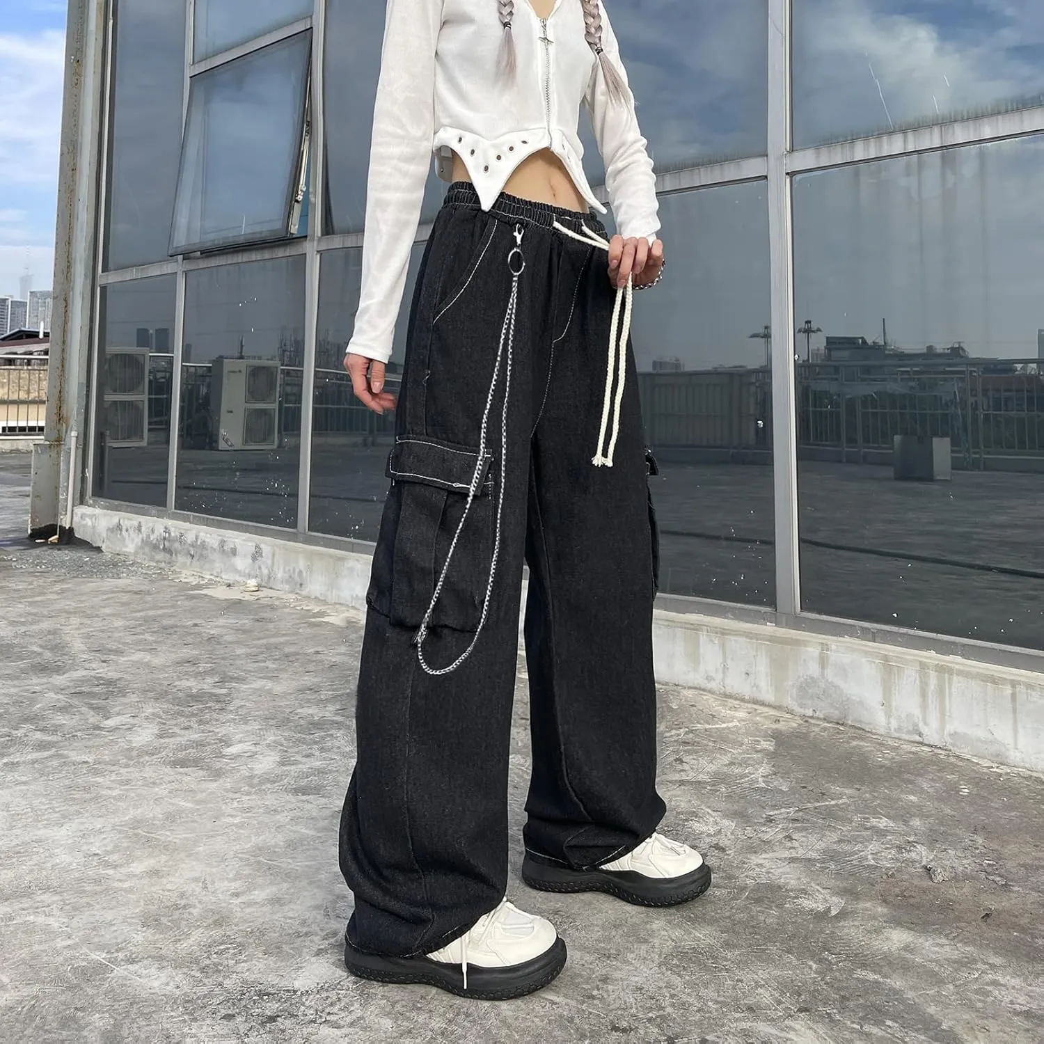 Baggy Jeans for Women High Waist Y2K Boyfriend Casual Loose Wide Leg Drawstring Cargo Pants with Pockets
