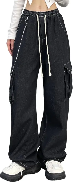Baggy Jeans for Women High Waist Y2K Boyfriend Casual Loose Wide Leg Drawstring Cargo Pants with Pockets