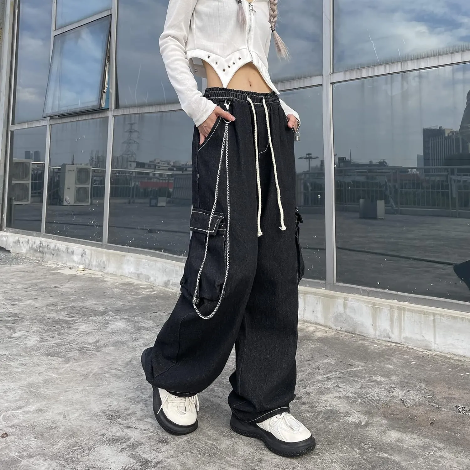 Baggy Jeans for Women High Waist Y2K Boyfriend Casual Loose Wide Leg Drawstring Cargo Pants with Pockets