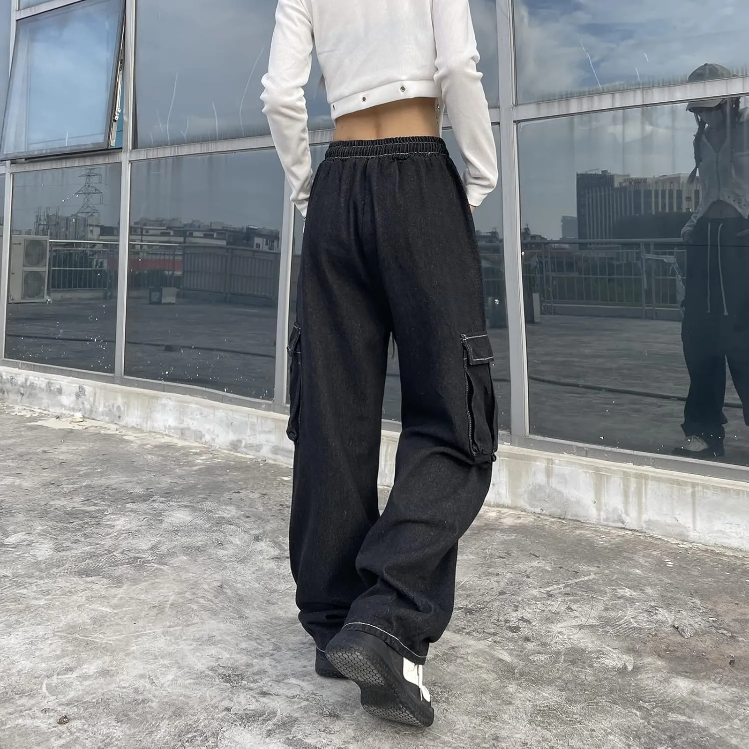 Baggy Jeans for Women High Waist Y2K Boyfriend Casual Loose Wide Leg Drawstring Cargo Pants with Pockets