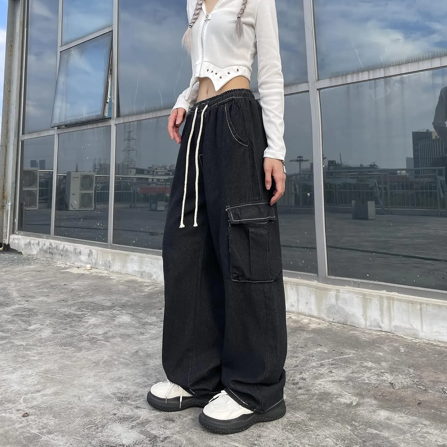 Baggy Jeans for Women High Waist Y2K Boyfriend Casual Loose Wide Leg Drawstring Cargo Pants with Pockets