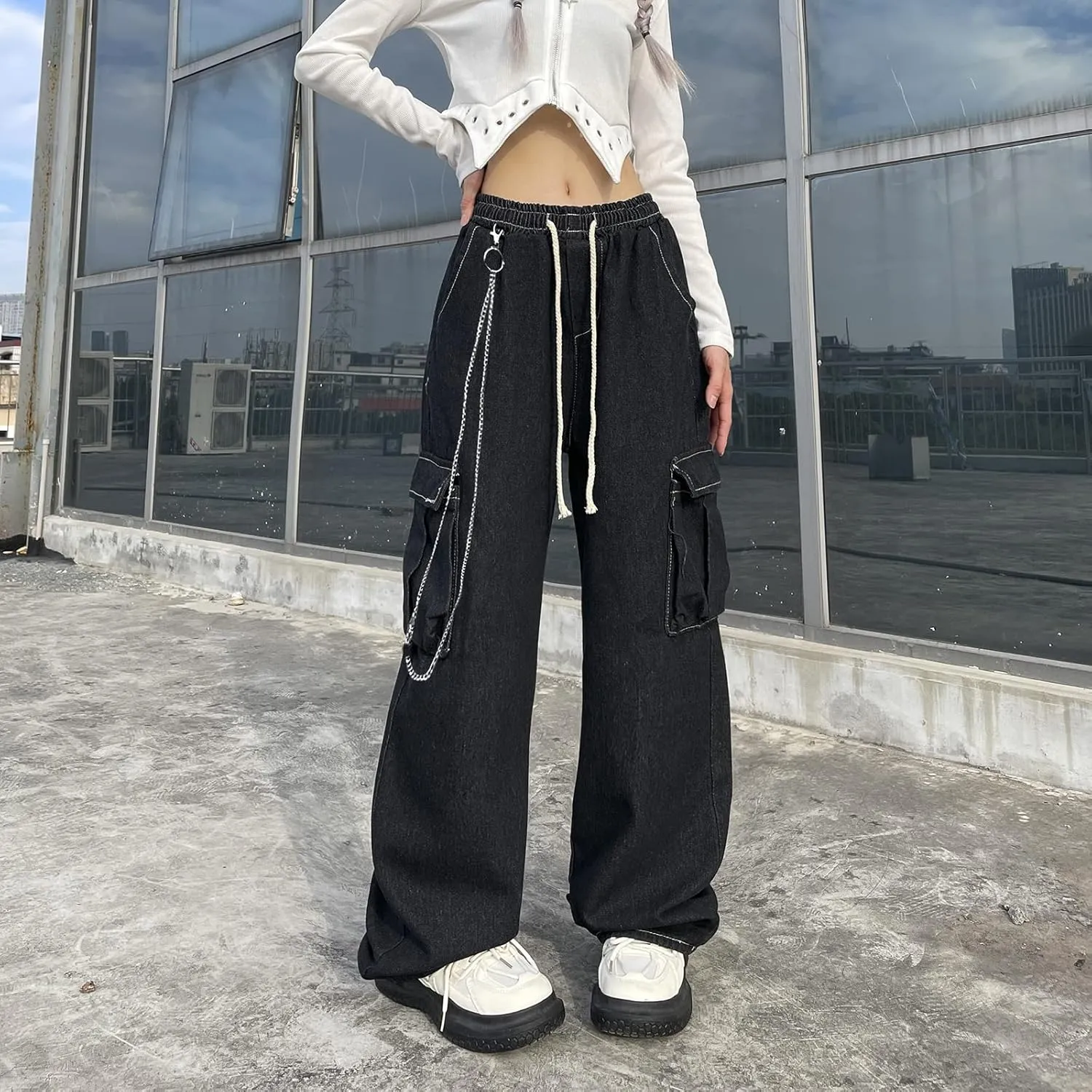 Baggy Jeans for Women High Waist Y2K Boyfriend Casual Loose Wide Leg Drawstring Cargo Pants with Pockets