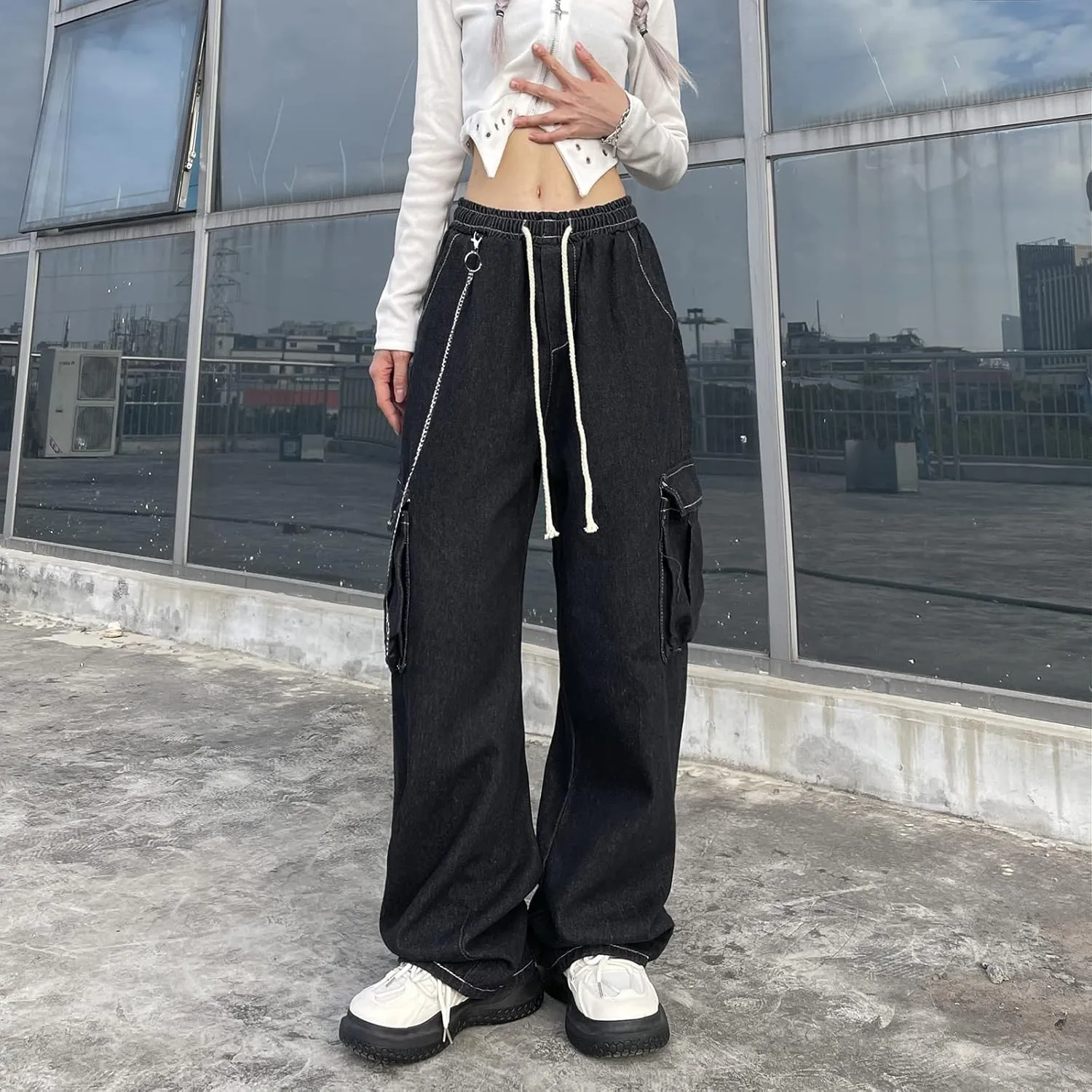 Baggy Jeans for Women High Waist Y2K Boyfriend Casual Loose Wide Leg Drawstring Cargo Pants with Pockets