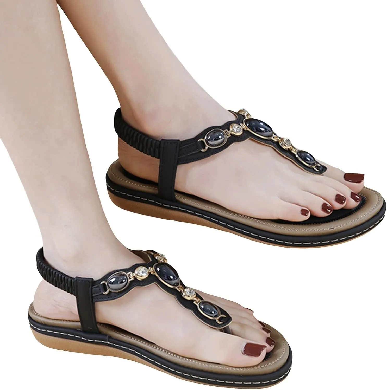 Barefoot Sandals, Mules Heel, Women's Beach Strappy Summer Shoes, Open Toe Outdoor Trekking Boho Rhinestone Flat Separator Sandals
