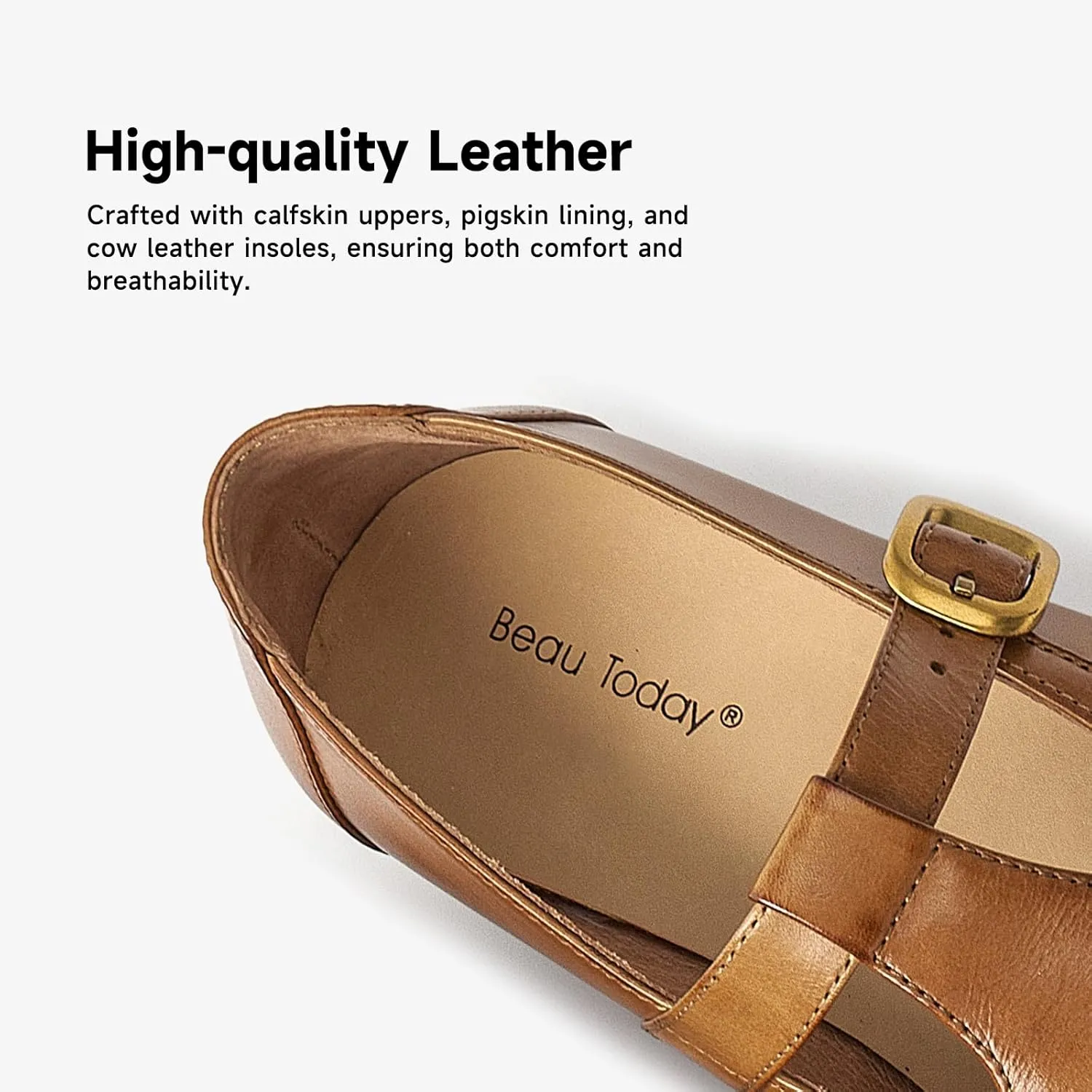 BEAU TODAY T Strap Shoes for Women, Mary Jane Flats, Leather Loafers Round Toe Lolita Fashion Womens Slip On Shoes