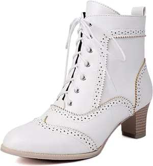 BEAUPAS Women's Vintage Brogue Ankle Boots Lace-up Block Heel Wingtip Victorian Combat Boots