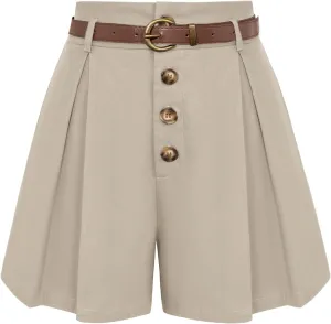 Belle Poque Womens Shorts Dressy Casual High Waisted Summer Pleated Wide Leg Shorts with Pockets and Belt