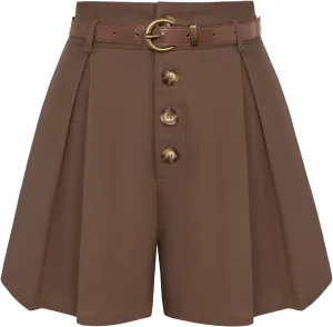 Belle Poque Womens Shorts Dressy Casual High Waisted Summer Pleated Wide Leg Shorts with Pockets and Belt