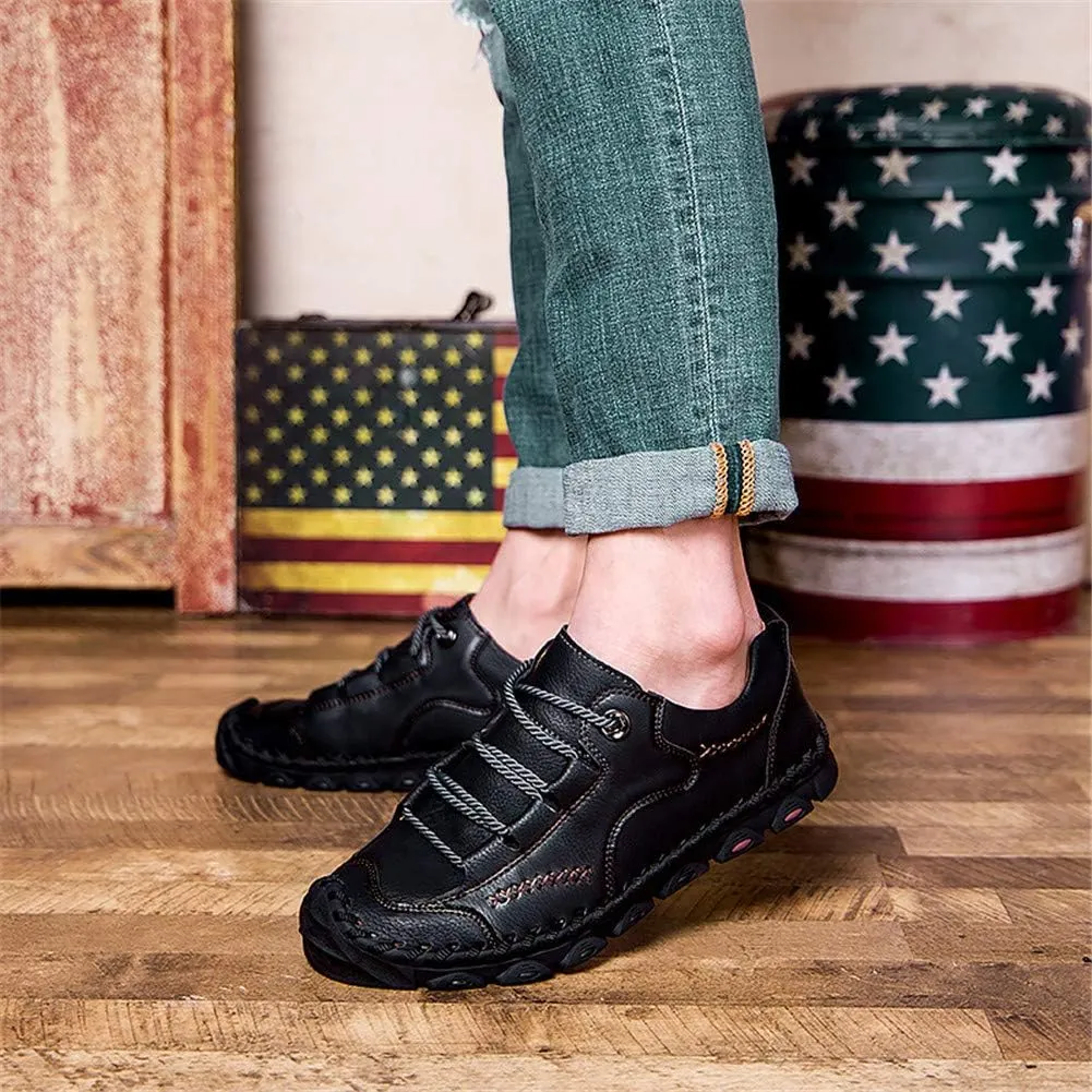 BIFINI Men's Vintage Handmade Leather Sneakers Casual Lace-up Flat Outdoor Loafers