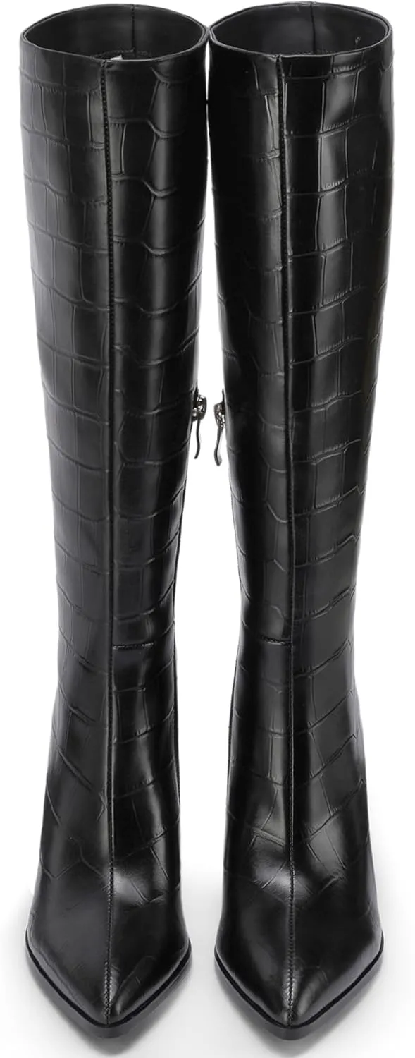 Black Knee High Boots Women High Heel Wide Calf Tall Thigh High Cowboy Cowgirl Winter Botas Para Mujer Chunky Block Western Waterproof Rain Snow Comfortable Shoes