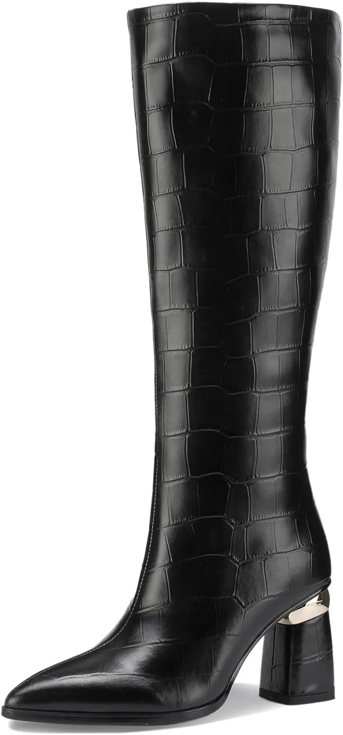 Black Knee High Boots Women High Heel Wide Calf Tall Thigh High Cowboy Cowgirl Winter Botas Para Mujer Chunky Block Western Waterproof Rain Snow Comfortable Shoes