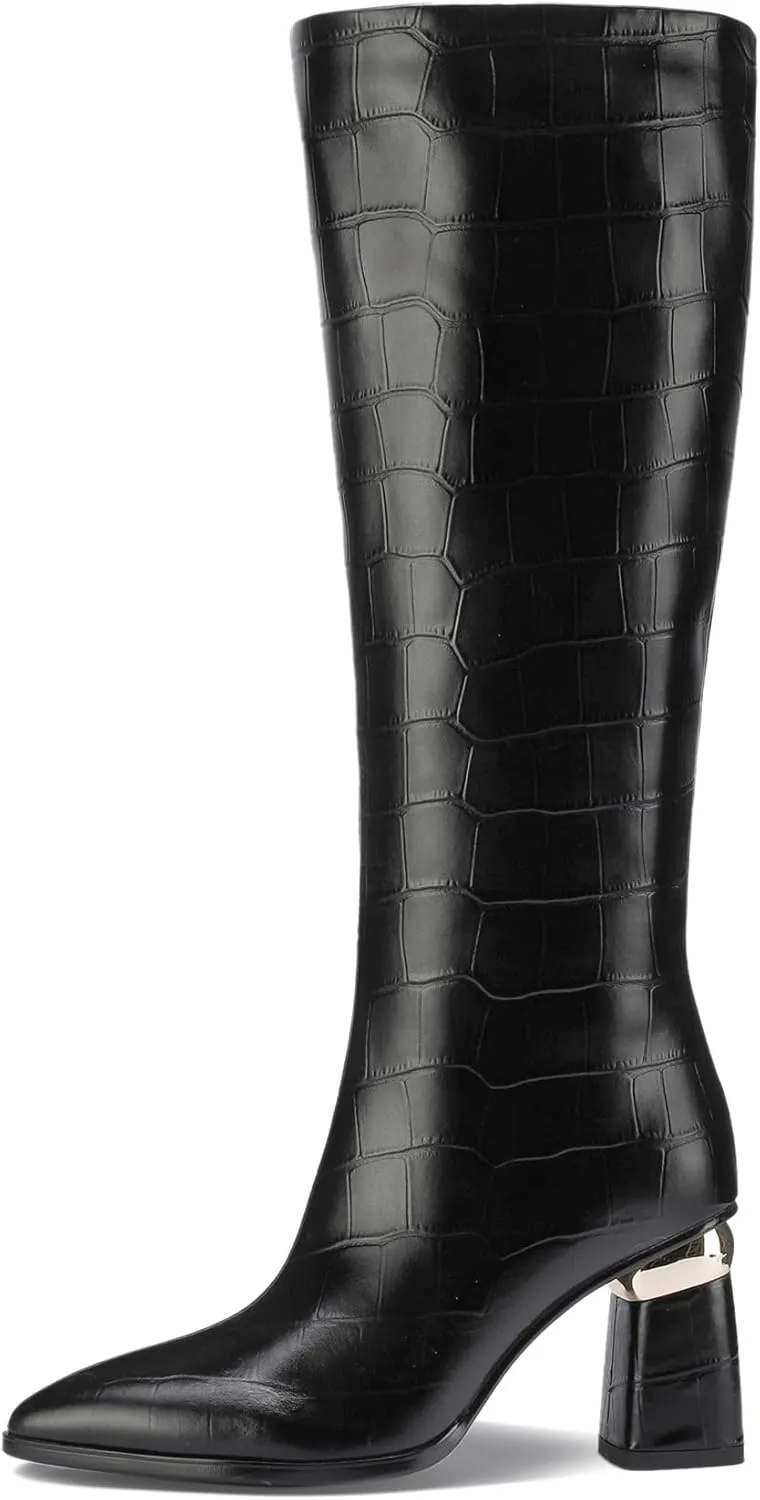 Black Knee High Boots Women High Heel Wide Calf Tall Thigh High Cowboy Cowgirl Winter Botas Para Mujer Chunky Block Western Waterproof Rain Snow Comfortable Shoes