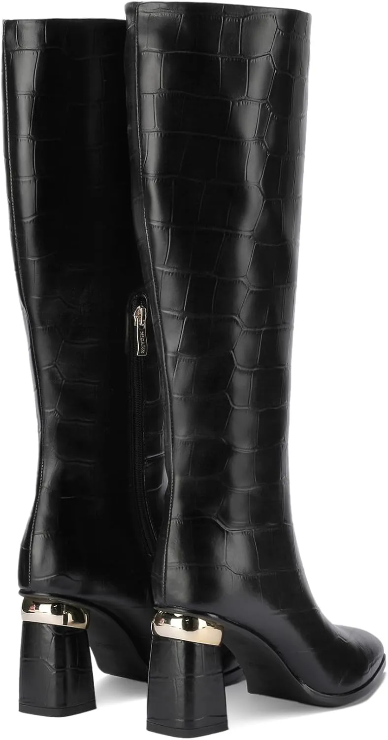 Black Knee High Boots Women High Heel Wide Calf Tall Thigh High Cowboy Cowgirl Winter Botas Para Mujer Chunky Block Western Waterproof Rain Snow Comfortable Shoes