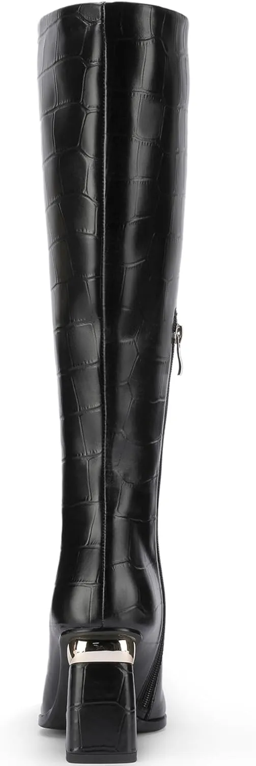 Black Knee High Boots Women High Heel Wide Calf Tall Thigh High Cowboy Cowgirl Winter Botas Para Mujer Chunky Block Western Waterproof Rain Snow Comfortable Shoes