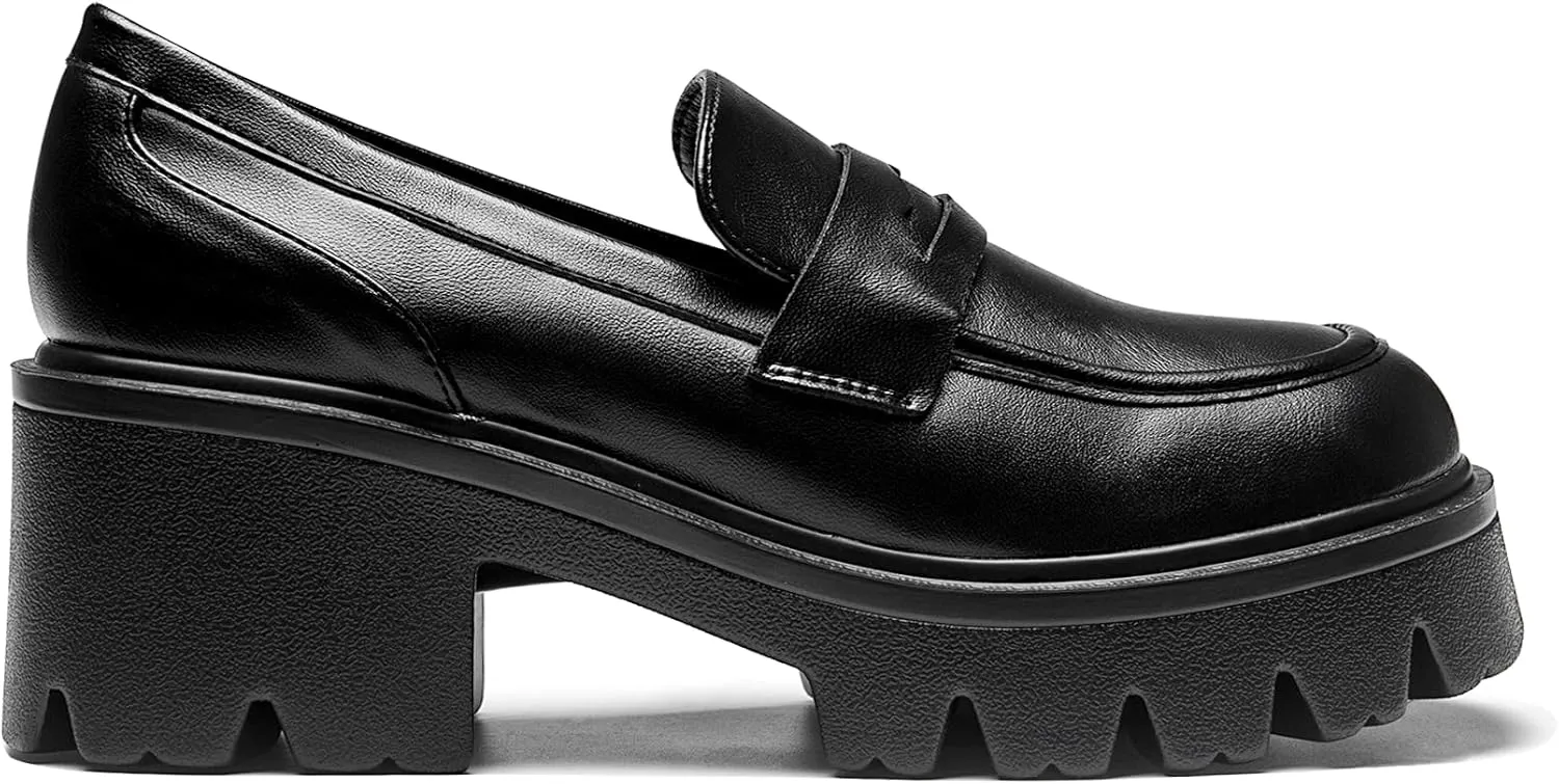 Black Penny Loafers for Women - Women's Slip-On Platform Patent Leather Loafers, Chunky Comfort Shoes for Work & Dressy Occasions