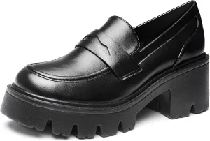 Black Penny Loafers for Women - Women's Slip-On Platform Patent Leather Loafers, Chunky Comfort Shoes for Work & Dressy Occasions