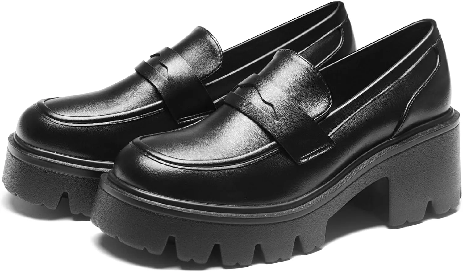 Black Penny Loafers for Women - Women's Slip-On Platform Patent Leather Loafers, Chunky Comfort Shoes for Work & Dressy Occasions