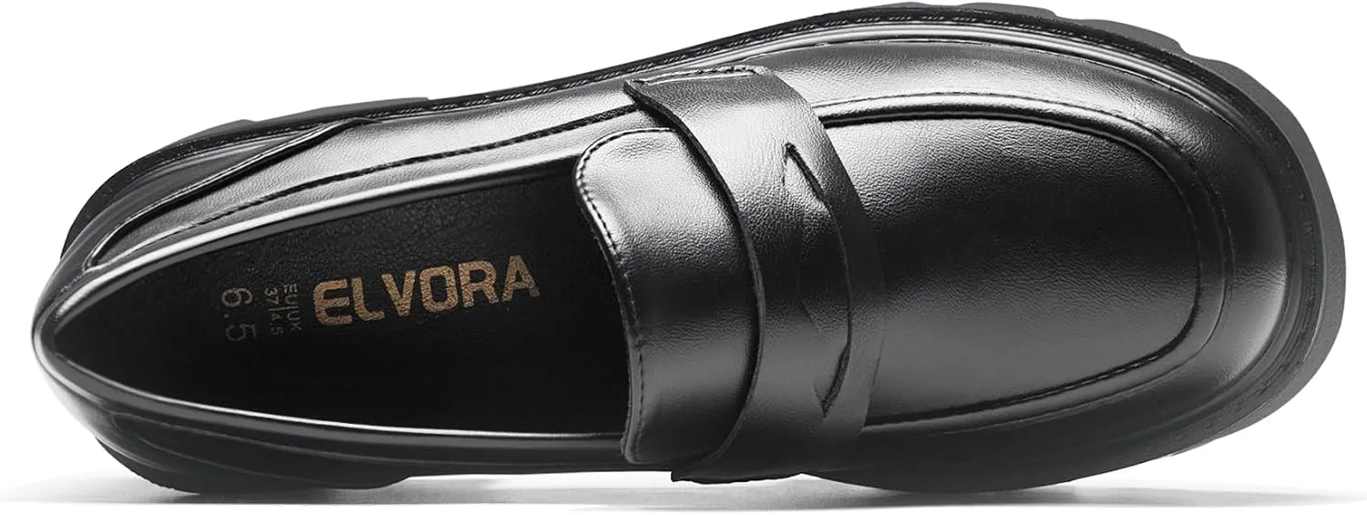 Black Penny Loafers for Women - Women's Slip-On Platform Patent Leather Loafers, Chunky Comfort Shoes for Work & Dressy Occasions