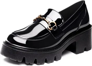 Black Platform Loafers for Women - Women's Slip-On Leather Loafers, Chunky Comfort Shoes for Work & Dressy Occasions