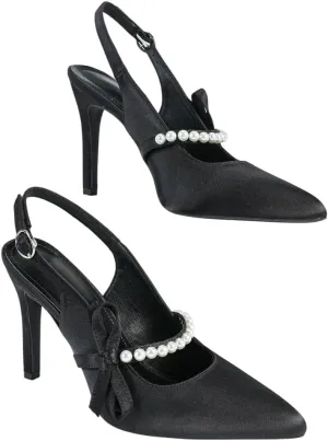 Black Satin High Heel Sandals for Women, Women's Pearl & Bow Embellished Heels, Elegant Open-Back Dressy Shoes for Weddings, Parties & Evening Events (US 6-10.5)