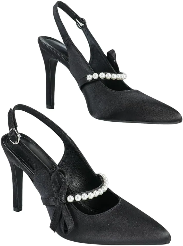 Black Satin High Heel Sandals for Women, Women's Pearl & Bow Embellished Heels, Elegant Open-Back Dressy Shoes for Weddings, Parties & Evening Events (US 6-10.5)