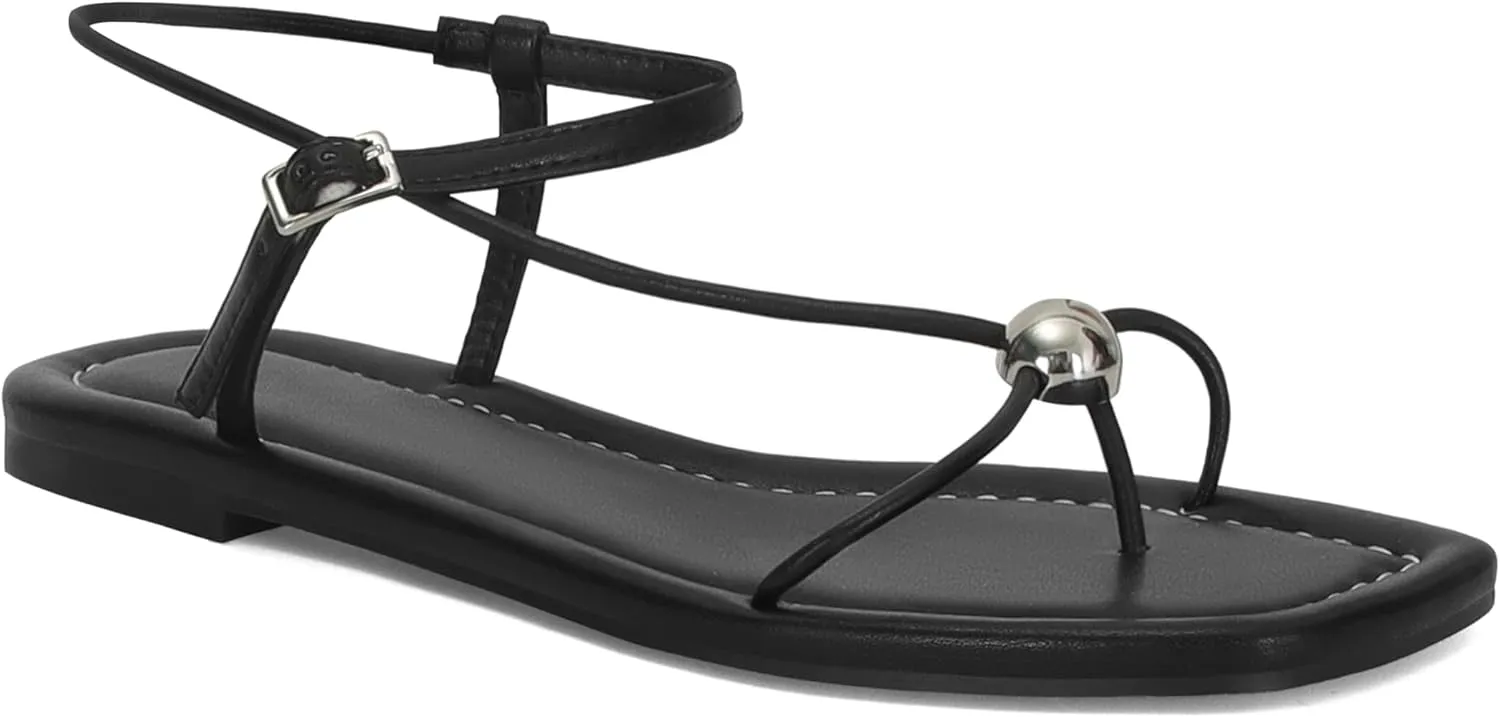 Black Strappy Flat Sandals for Women Comfortable Open Square Toe Sandals Dressy Beach Thong Flip Flop Slides Sandals