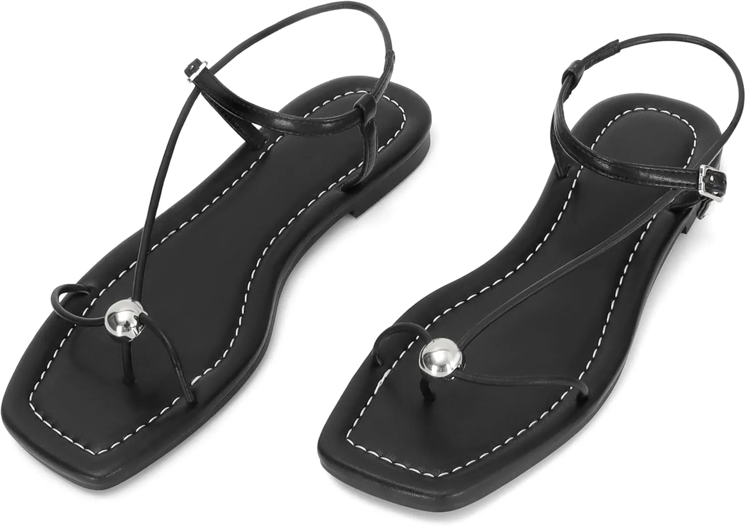 Black Strappy Flat Sandals for Women Comfortable Open Square Toe Sandals Dressy Beach Thong Flip Flop Slides Sandals