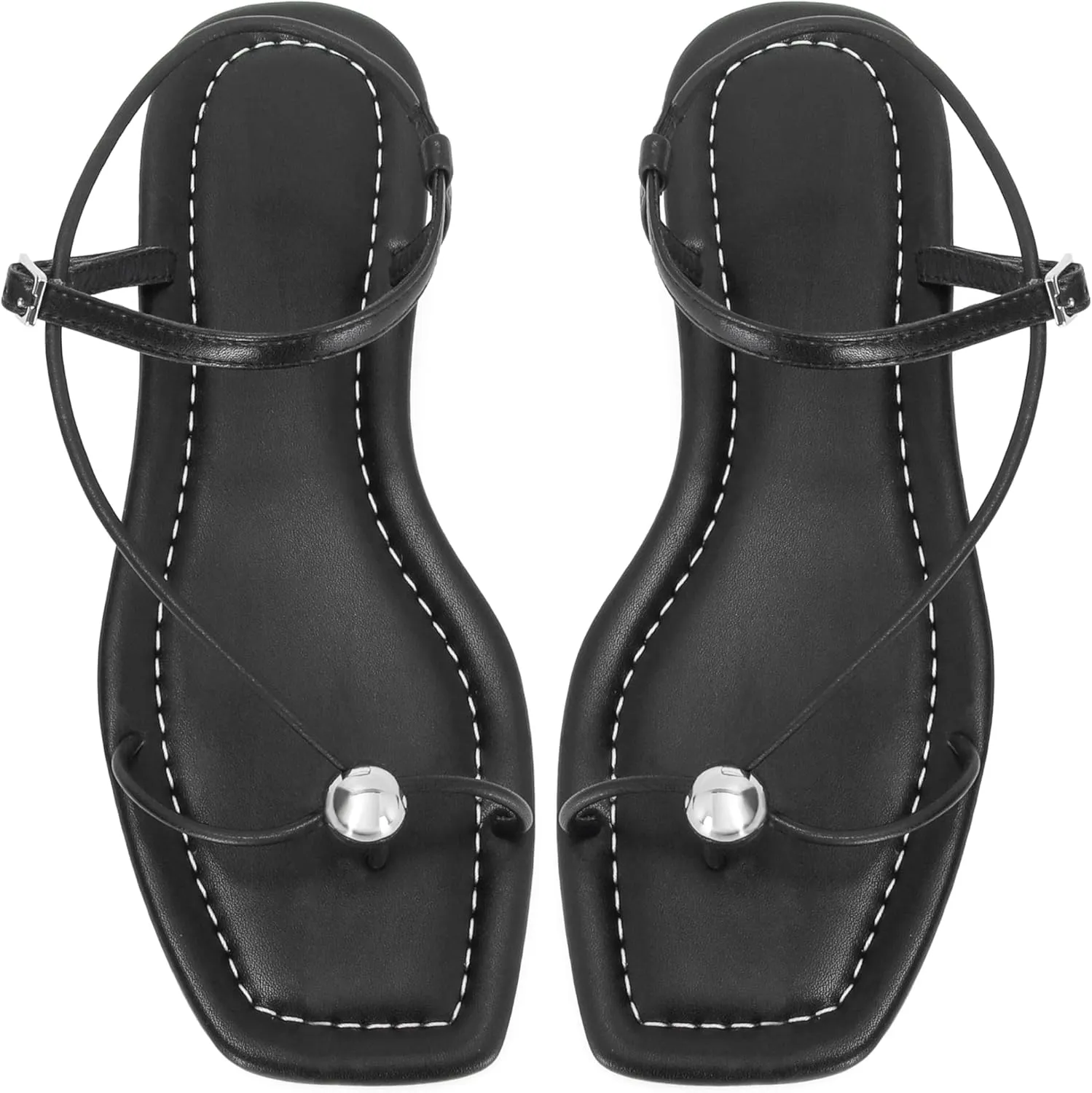 Black Strappy Flat Sandals for Women Comfortable Open Square Toe Sandals Dressy Beach Thong Flip Flop Slides Sandals
