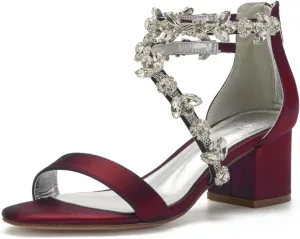 Block Heel Wedding Sandals for Bride Crystals Strappy Open Toe Formal Party Dress Sandal Heels 702-18