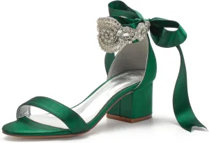 Block Heels Bride Wedding Pumps Bowknot Strap Bride Pumps Bridal Shoes Beaded Ankle Satin Sandals Open Toe Dress Evening Comfortable,Dark green,8