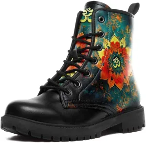 Boho High-Top Combat Boots for Women Teens Lightweight Platform Lace-Up Shoes Floral Moon Sky Casual Winter Booties