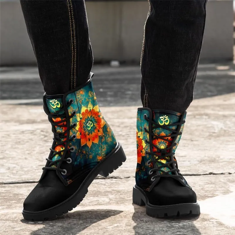 Boho High-Top Combat Boots for Women Teens Lightweight Platform Lace-Up Shoes Floral Moon Sky Casual Winter Booties