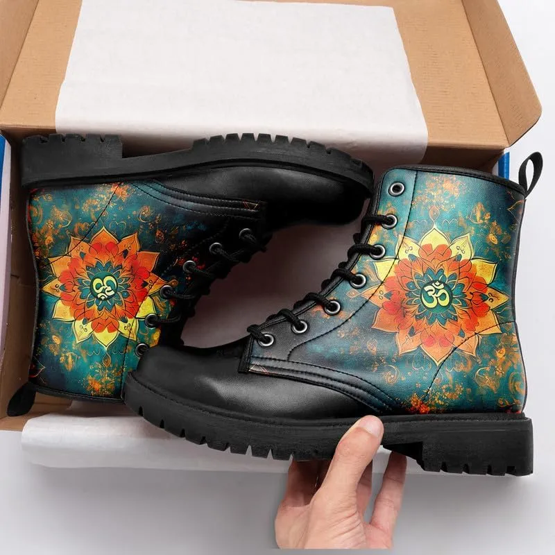 Boho High-Top Combat Boots for Women Teens Lightweight Platform Lace-Up Shoes Floral Moon Sky Casual Winter Booties
