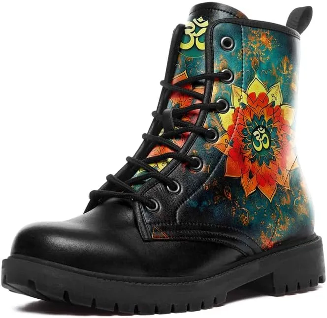 Boho High-Top Combat Boots for Women Teens Lightweight Platform Lace-Up Shoes Floral Moon Sky Casual Winter Booties