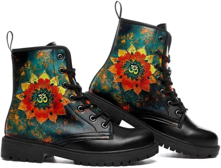 Boho High-Top Combat Boots for Women Teens Lightweight Platform Lace-Up Shoes Floral Moon Sky Casual Winter Booties