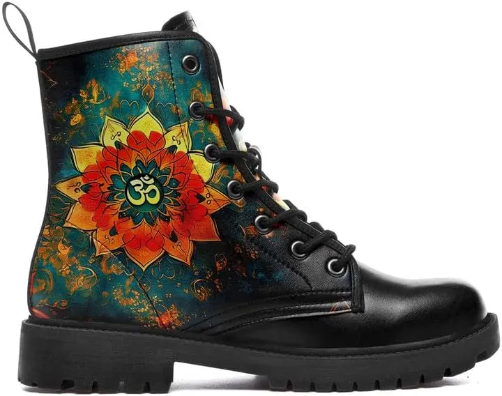 Boho High-Top Combat Boots for Women Teens Lightweight Platform Lace-Up Shoes Floral Moon Sky Casual Winter Booties