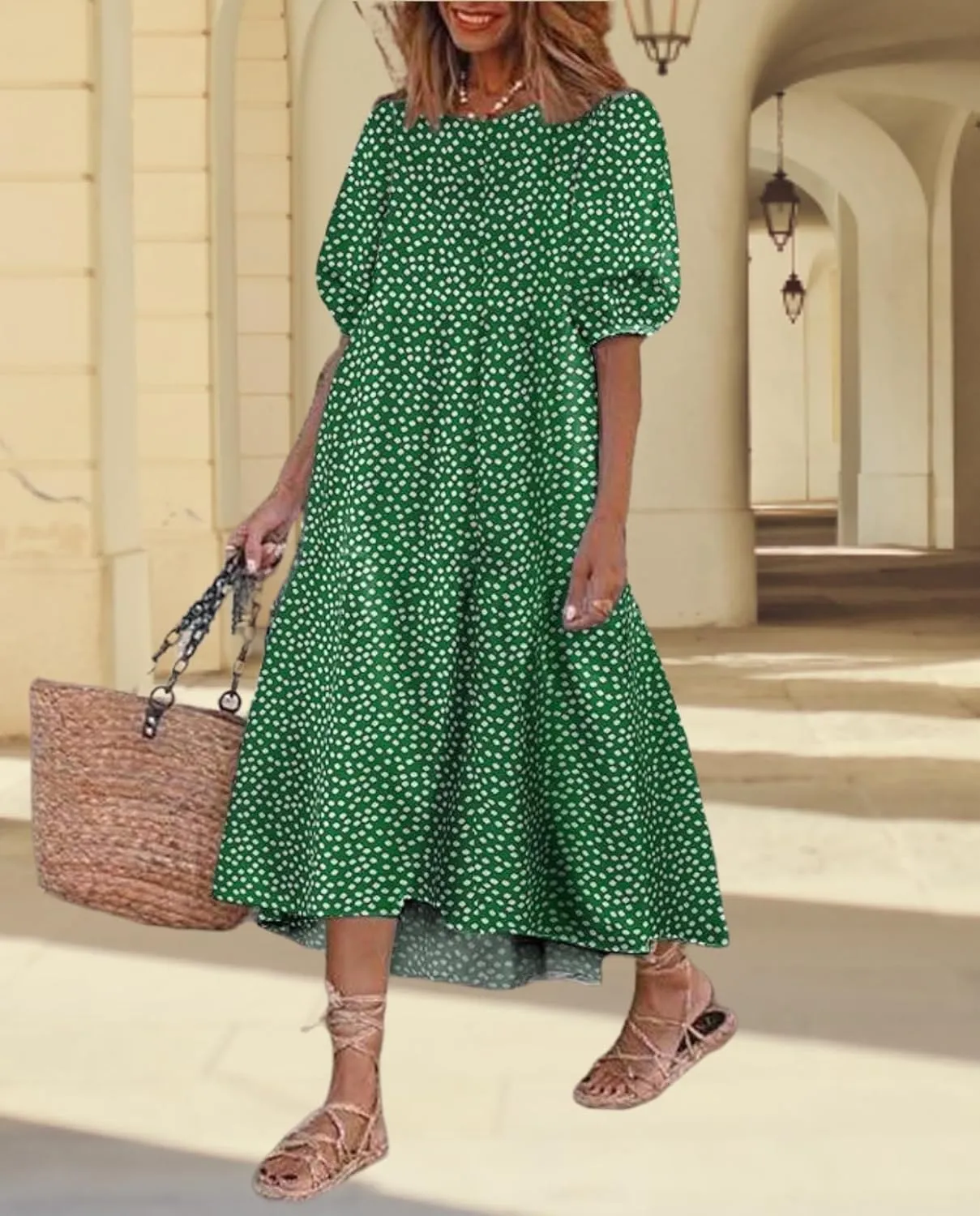 Boho Maxi Dress for Womens Crewneck Puff Short Sleeve Smocked Dress Casual Beach Oversized Tiered Swing Maxi Sundress