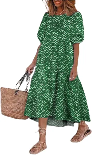 Boho Maxi Dress for Womens Crewneck Puff Short Sleeve Smocked Dress Casual Beach Oversized Tiered Swing Maxi Sundress