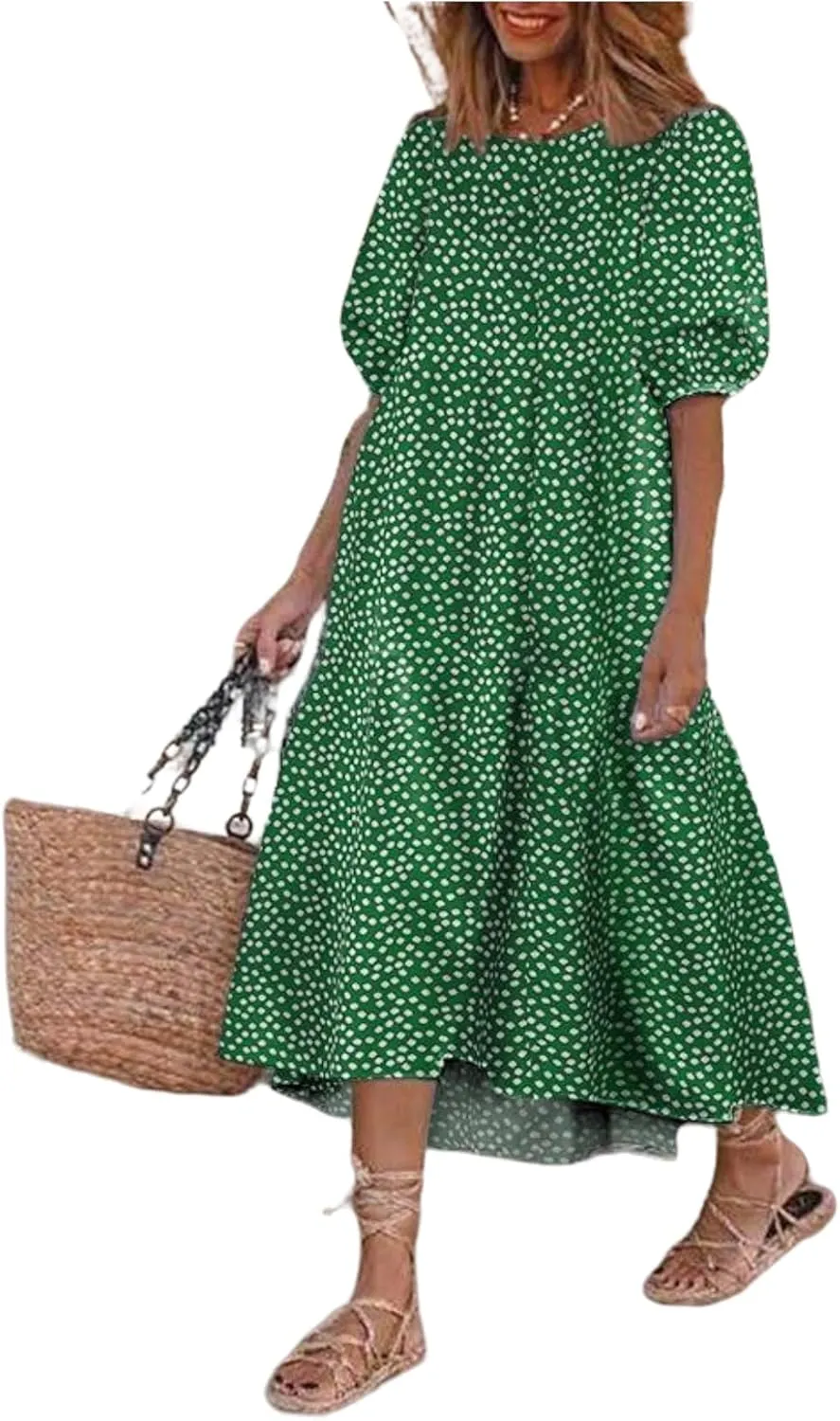 Boho Maxi Dress for Womens Crewneck Puff Short Sleeve Smocked Dress Casual Beach Oversized Tiered Swing Maxi Sundress