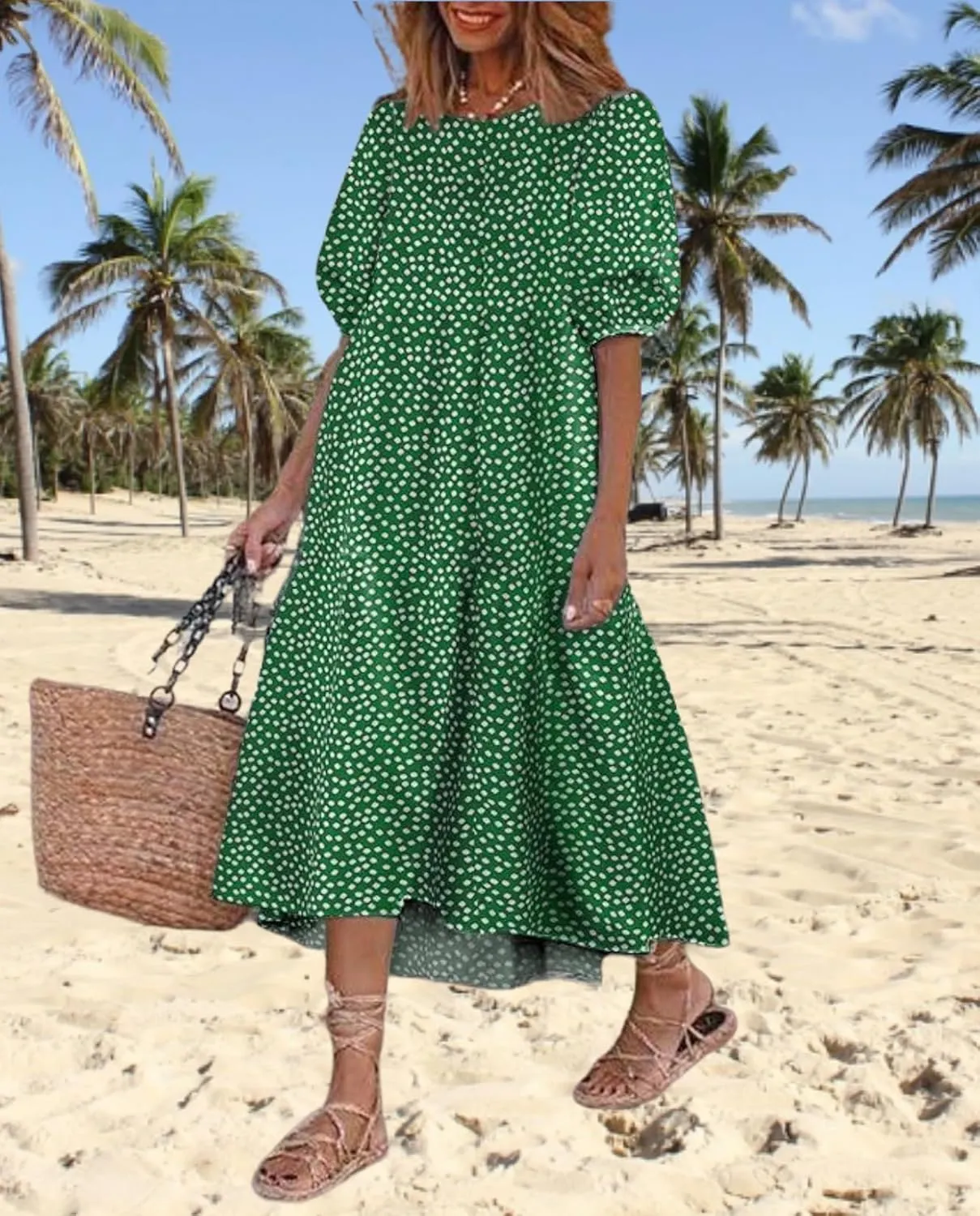 Boho Maxi Dress for Womens Crewneck Puff Short Sleeve Smocked Dress Casual Beach Oversized Tiered Swing Maxi Sundress
