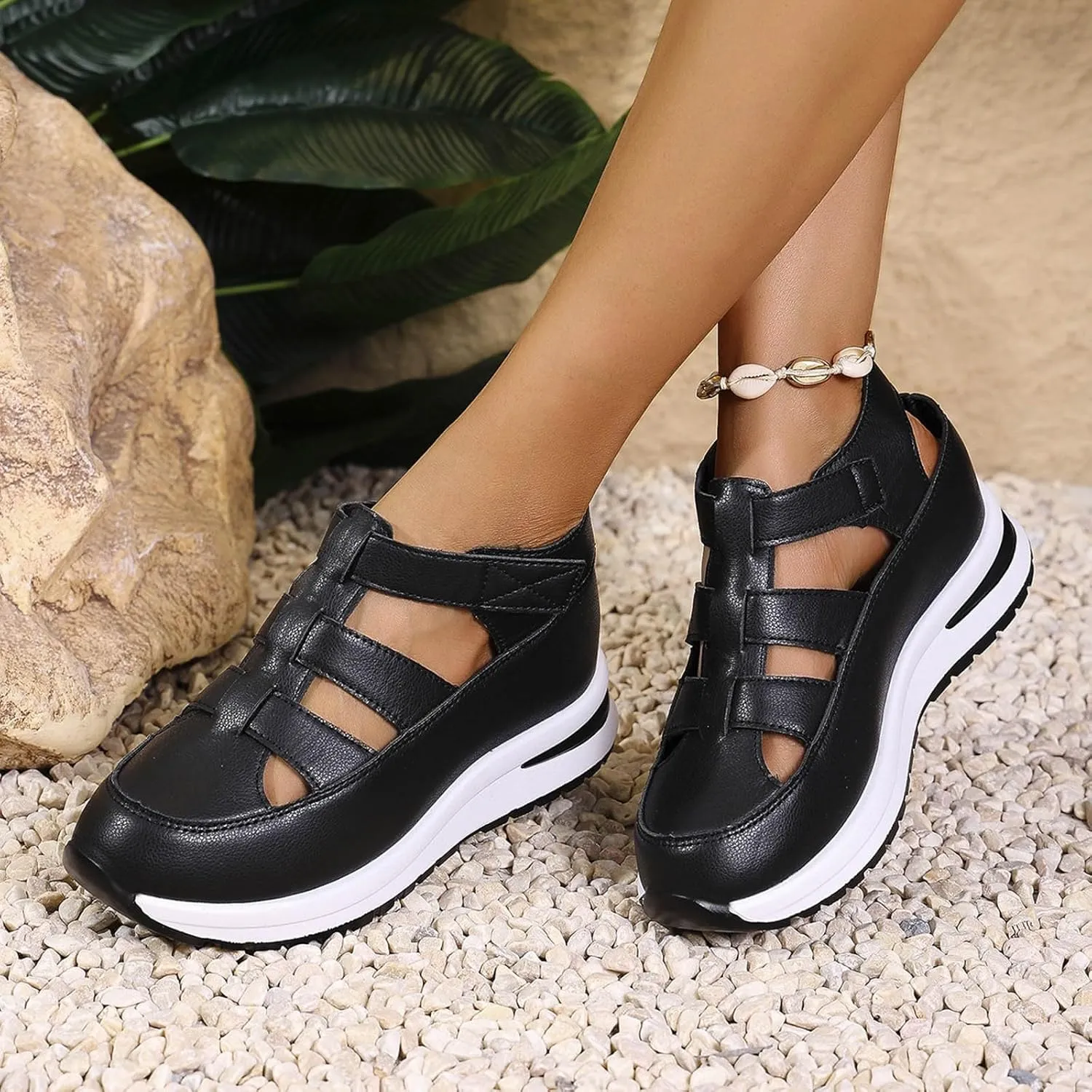 Bootara Women'S Plus Size Hollow-Out Casual Sandals, Closed Toe Platform Sandals Height-Boosting Thick Sole