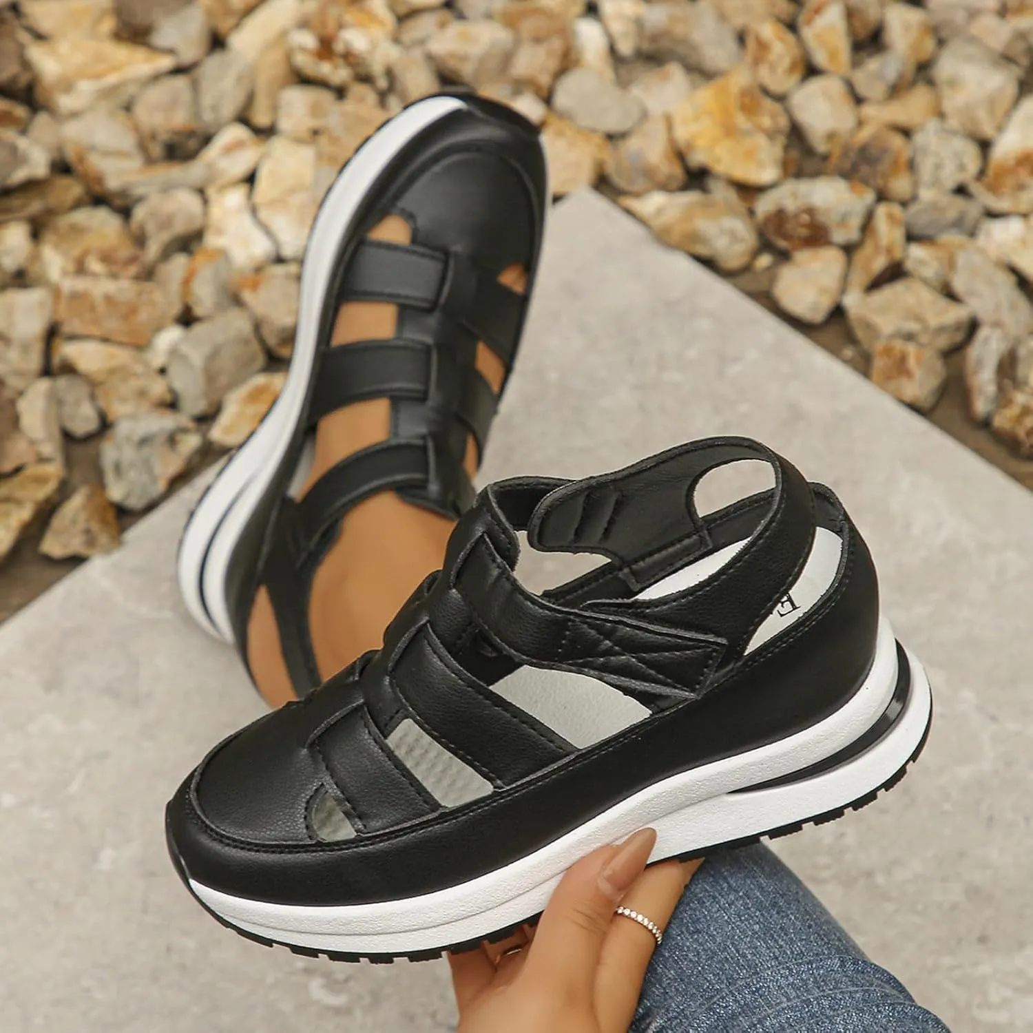 Bootara Women'S Plus Size Hollow-Out Casual Sandals, Closed Toe Platform Sandals Height-Boosting Thick Sole