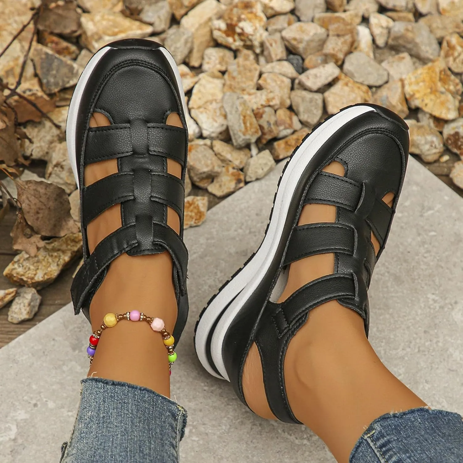 Bootara Women'S Plus Size Hollow-Out Casual Sandals, Closed Toe Platform Sandals Height-Boosting Thick Sole