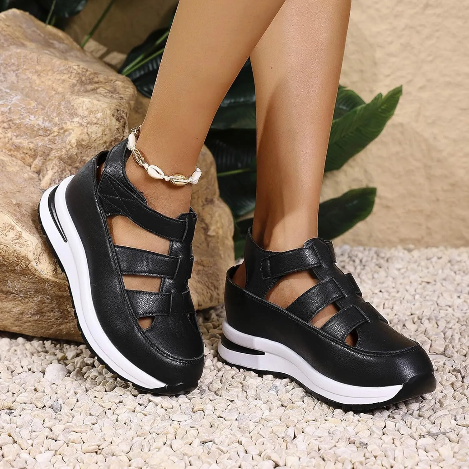 Bootara Women'S Plus Size Hollow-Out Casual Sandals, Closed Toe Platform Sandals Height-Boosting Thick Sole