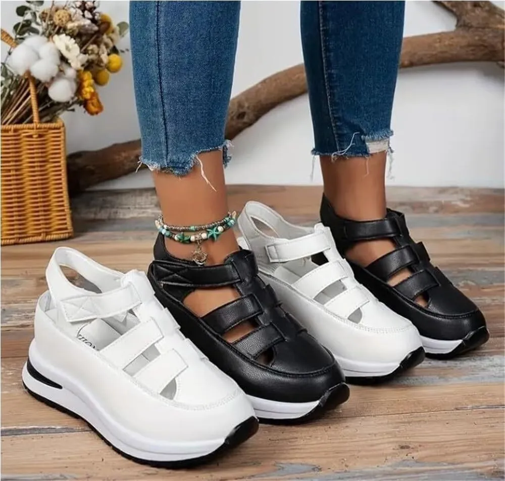 Bootara Women's Plus Size Hollow-Out Casual Sandals, Closed Toe Platform Sandals Women Comfortable Arch Support Sandals All Day Walking Sandal