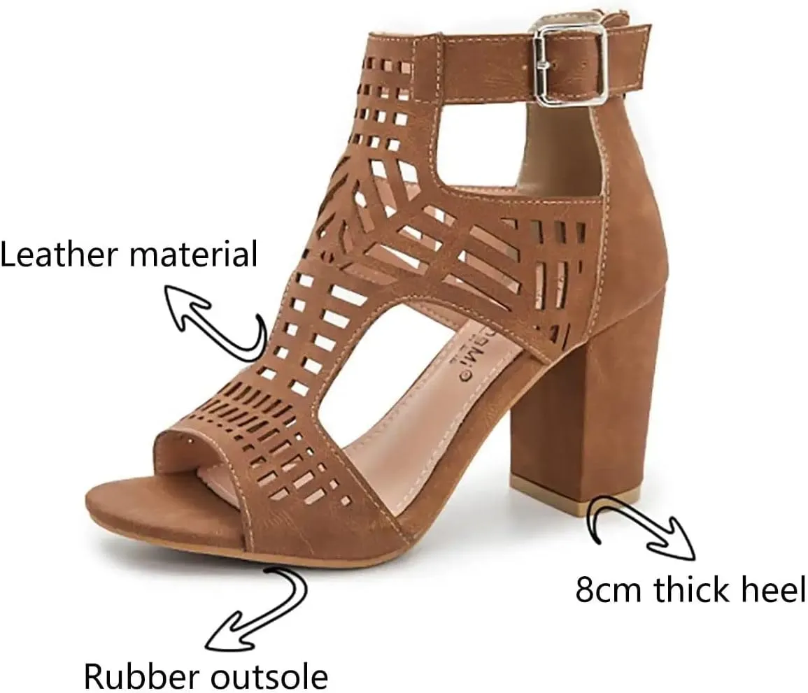 BORAMAX Chunky Heeled Sandals for Women Cutout Strappy Peep Toe Block Heels Buckle up Party Dressy Sandal Women Booties