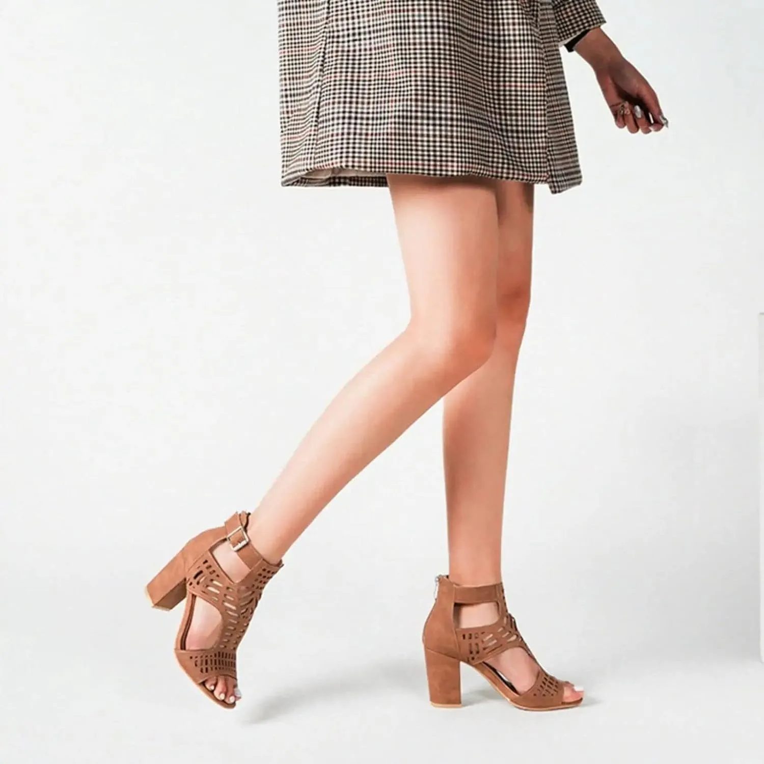 BORAMAX Chunky Heeled Sandals for Women Cutout Strappy Peep Toe Block Heels Buckle up Party Dressy Sandal Women Booties