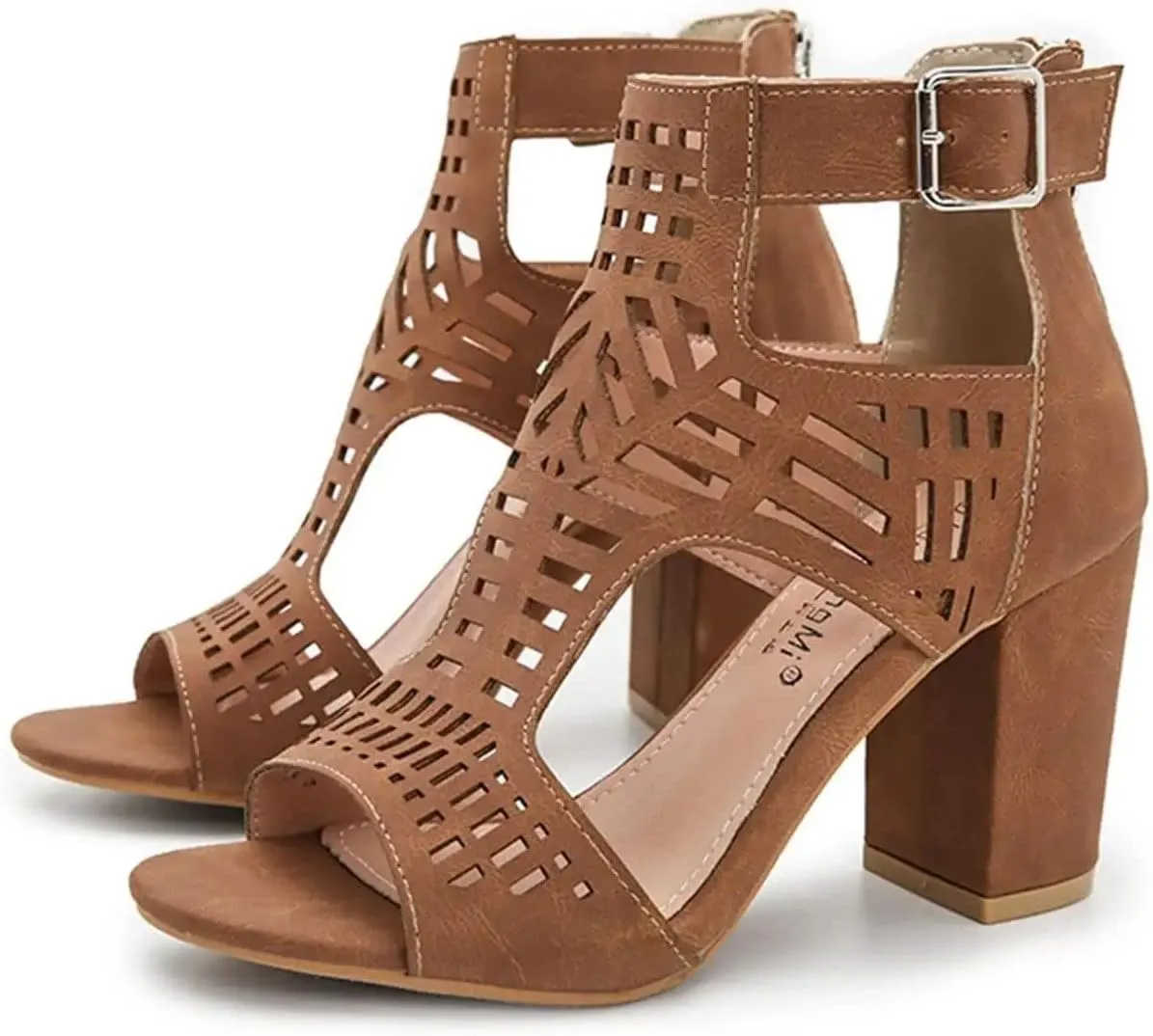 BORAMAX Chunky Heeled Sandals for Women Cutout Strappy Peep Toe Block Heels Buckle up Party Dressy Sandal Women Booties